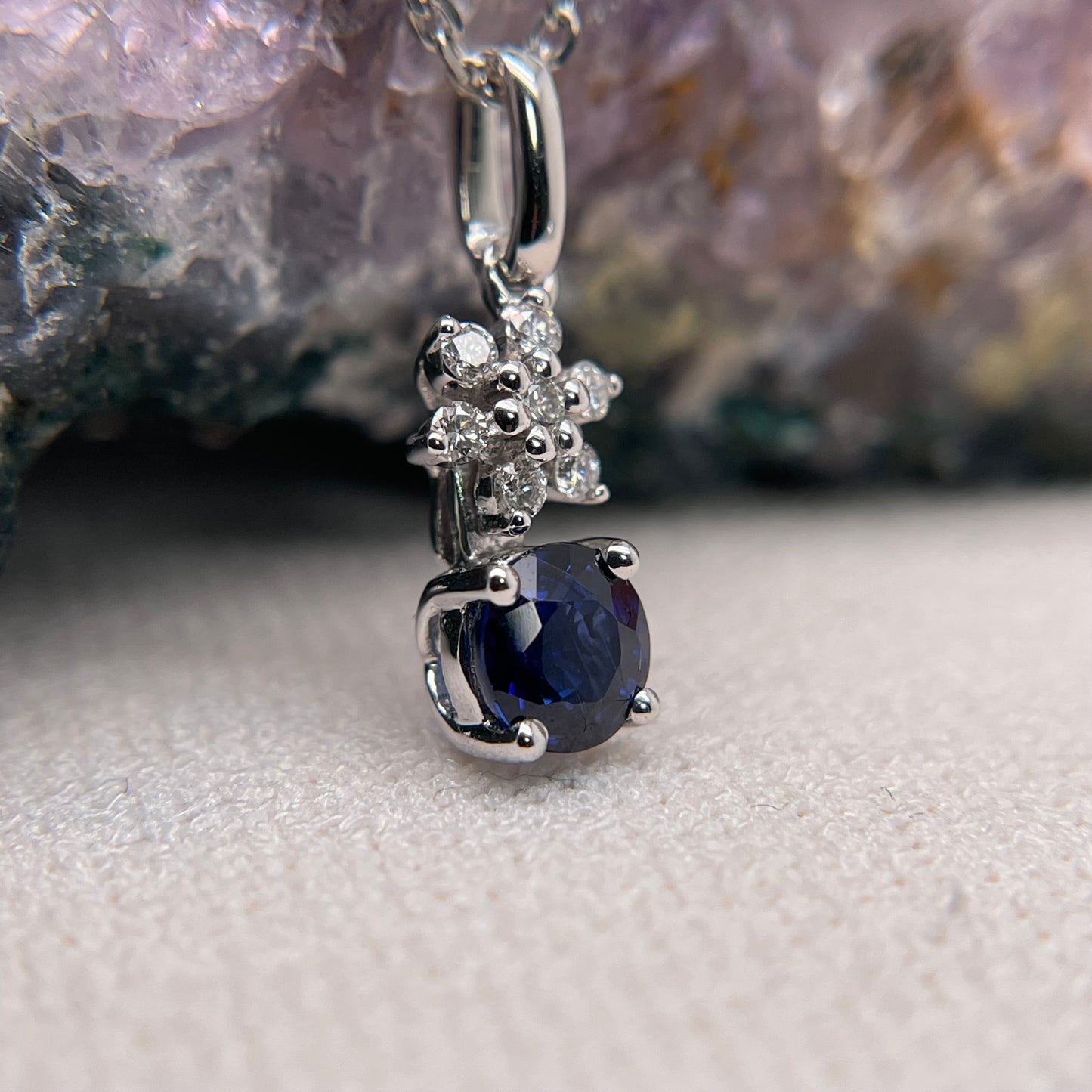 14K White Gold Blue Sapphire Pendant with Diamond