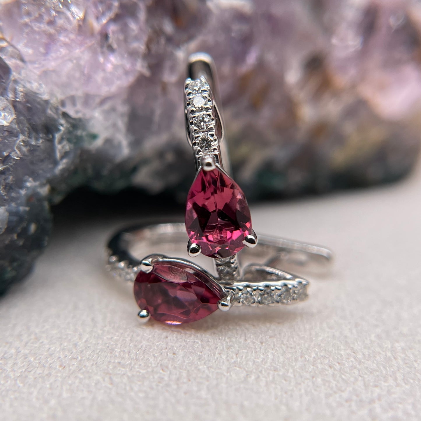 14K White Gold Pink Sapphire Earrings with Diamond