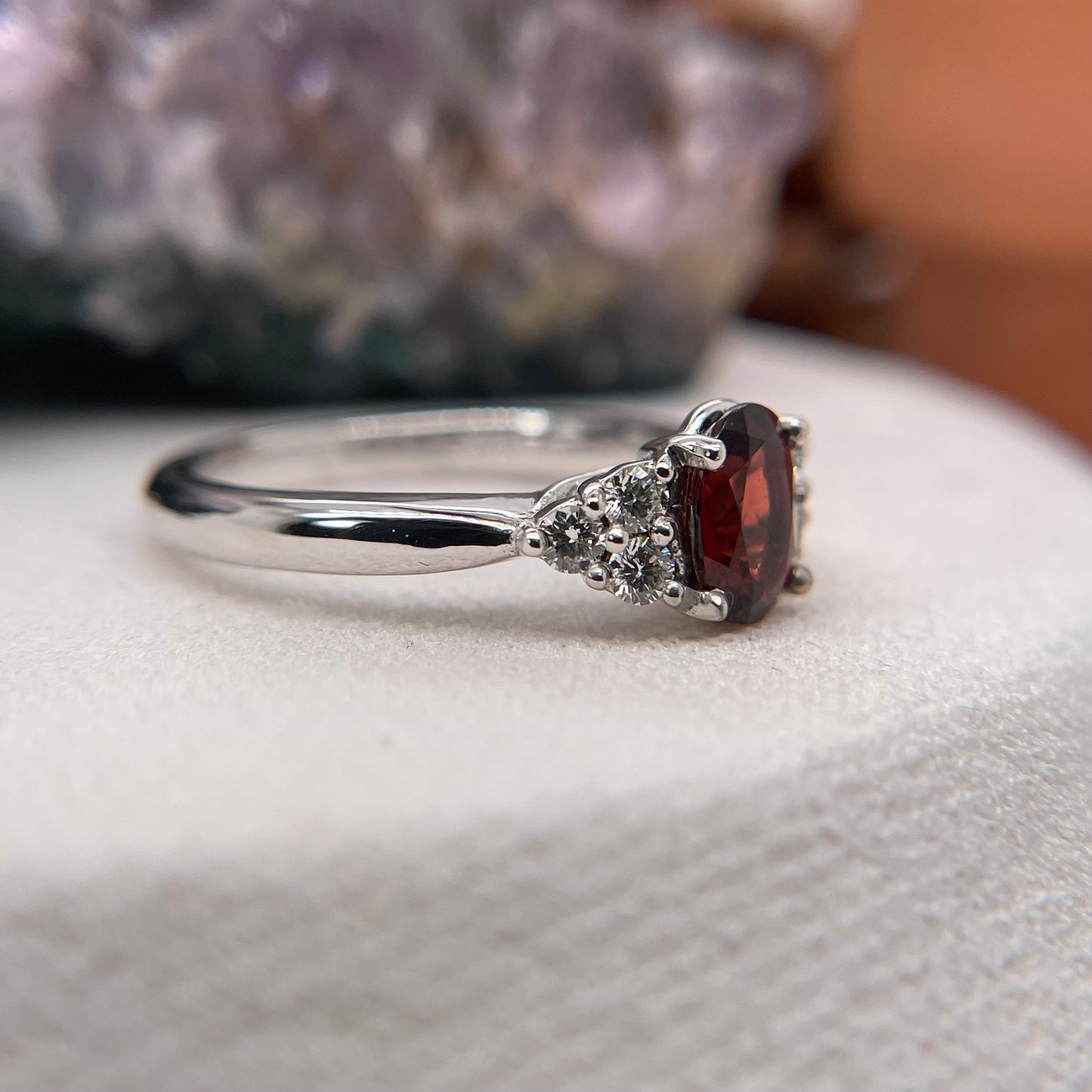 14K White Gold Garnet Ring with Diamond