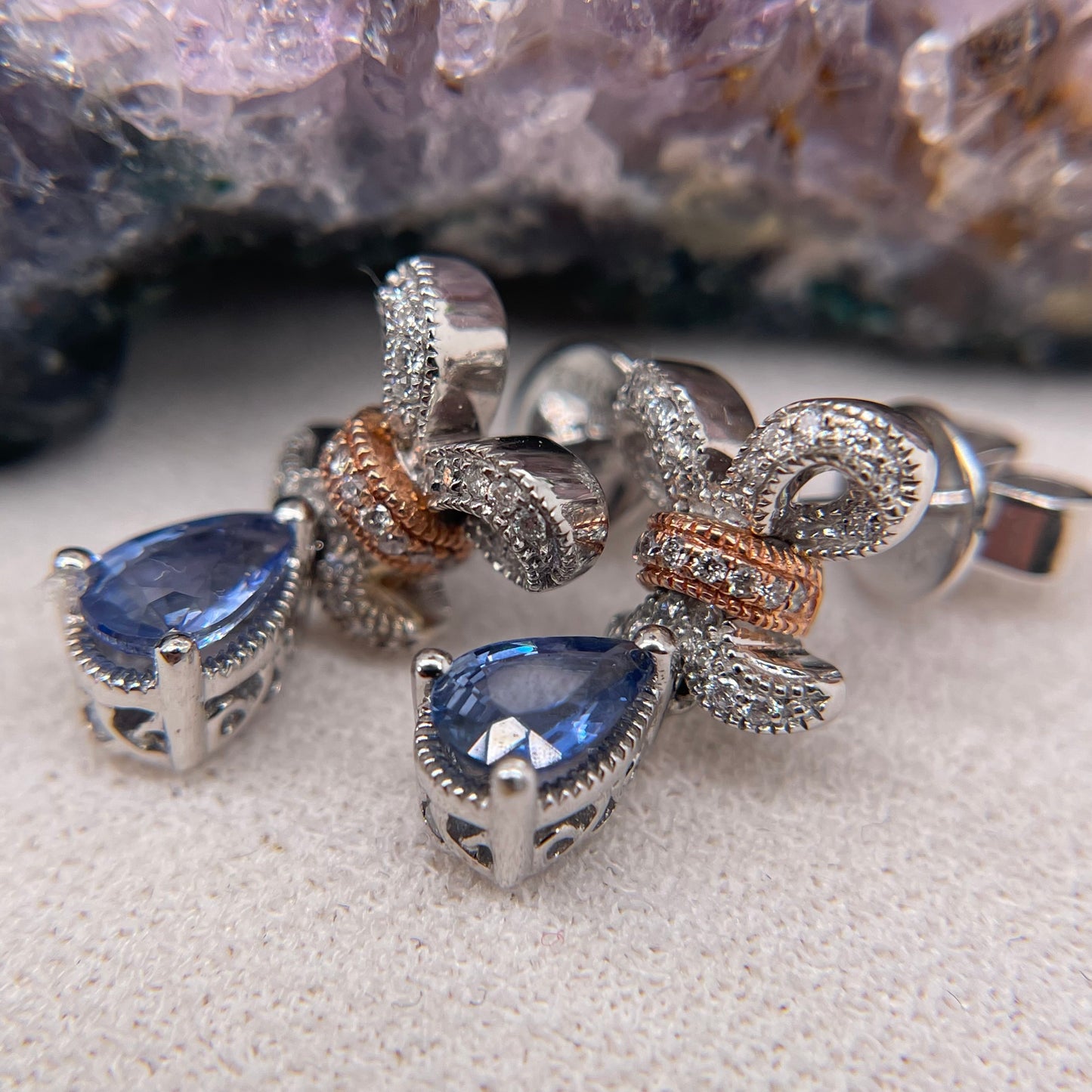 14K White Gold Sapphire Earrings with Diamond