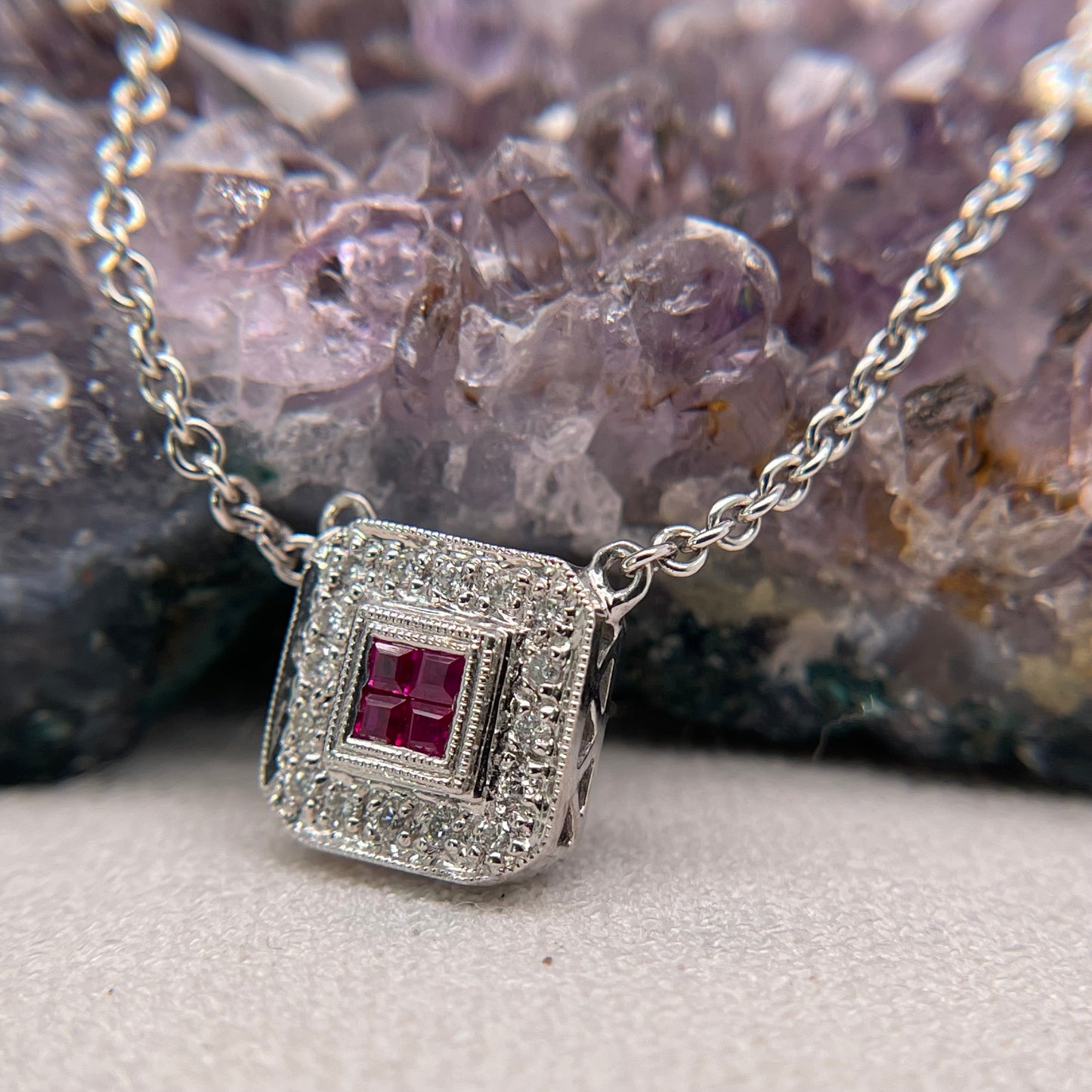 14K White Gold Ruby Pendant with Diamond