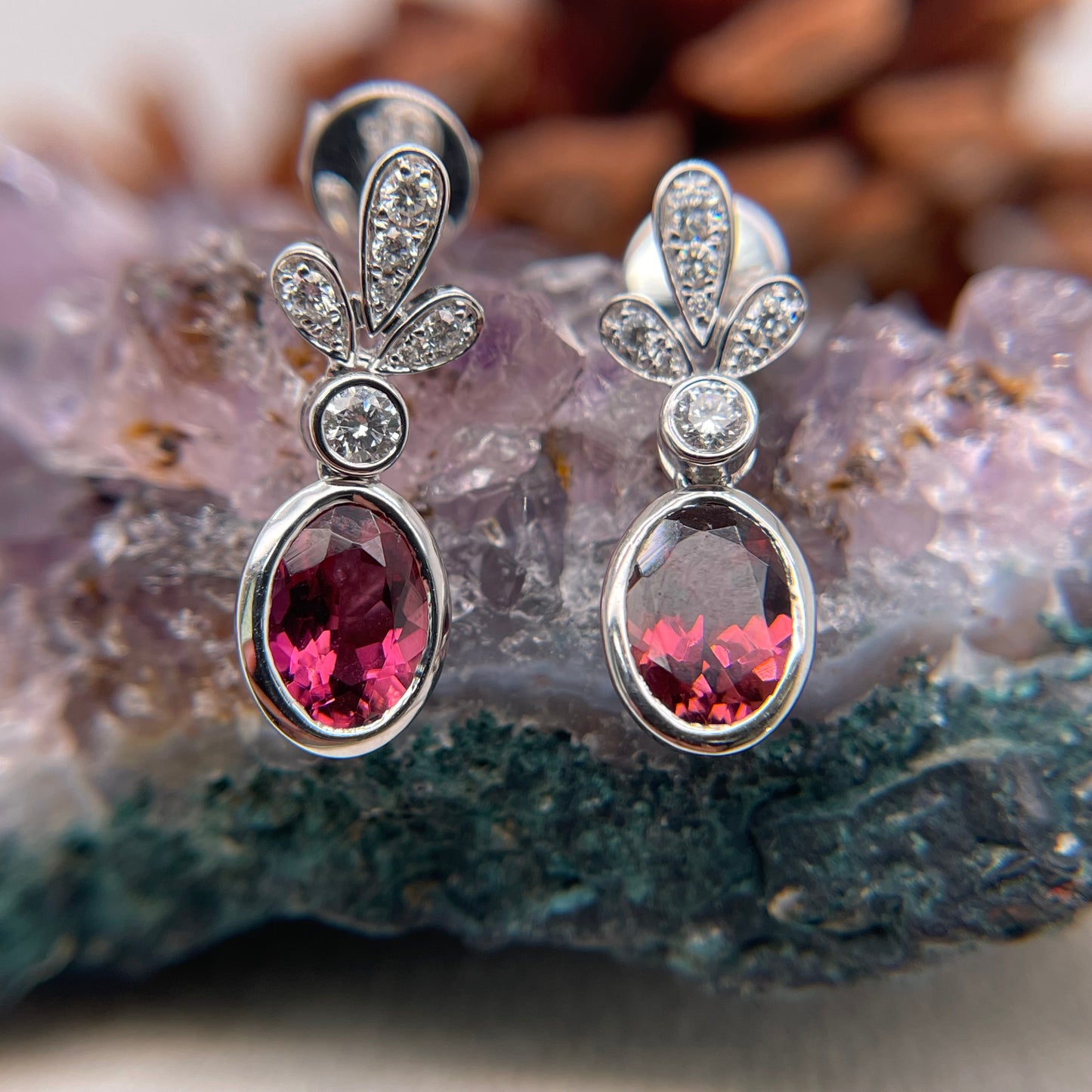 14K White Gold Pink Sapphire Earrings with Diamond