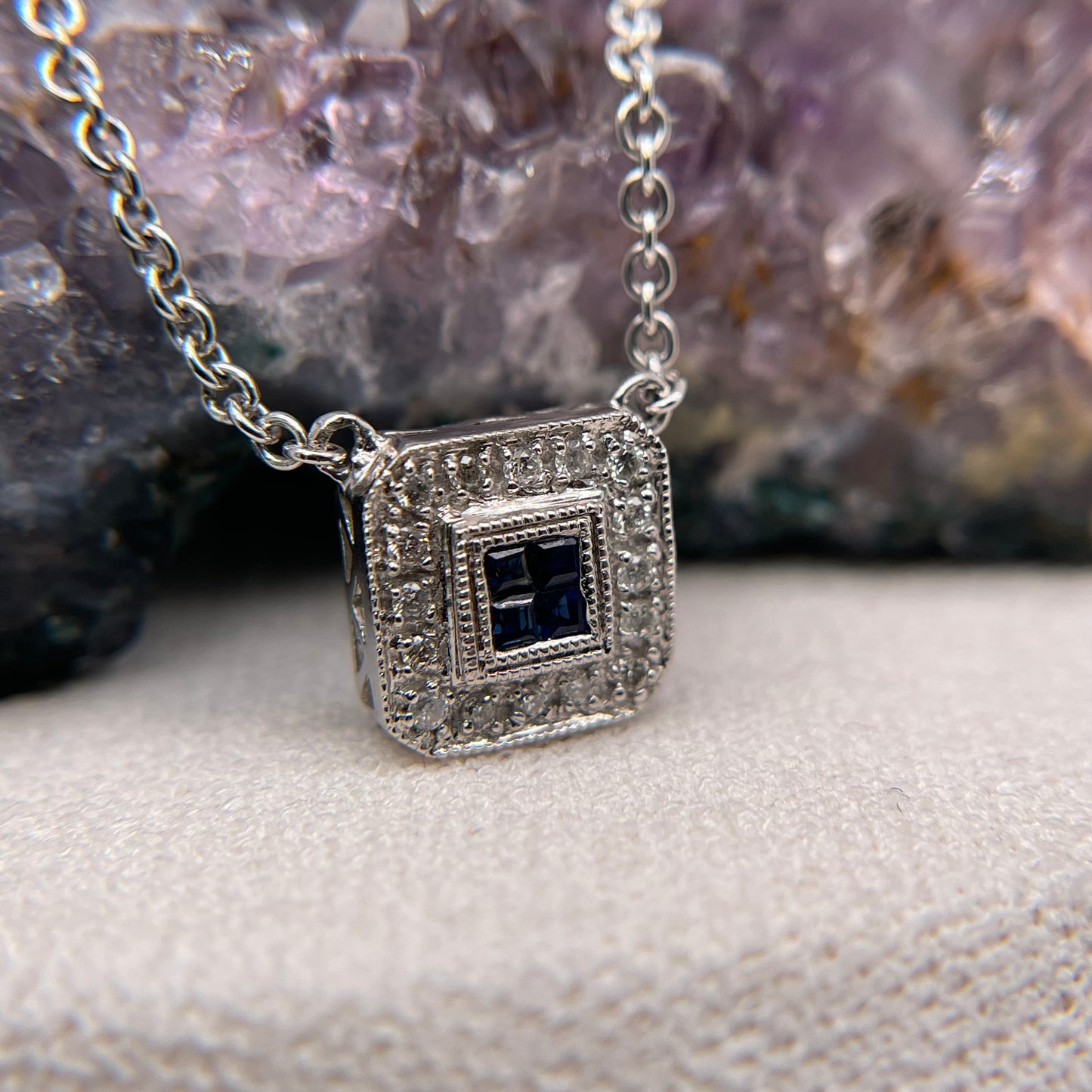 14K White Gold Sapphire Pendant with Diamond