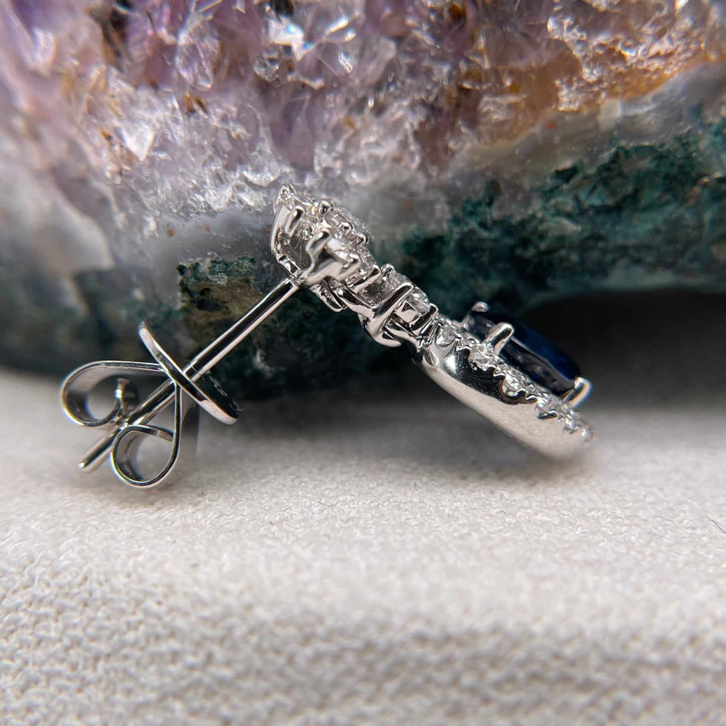 14K White Gold Blue Sapphire Earrings with Diamond