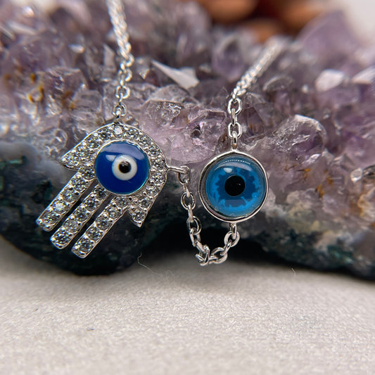 Hamsa & Evil Eye Silver Pendant 925 Sterling Silver Hamsa & Evil Eye Necklace 13x10mm / 7x7mm