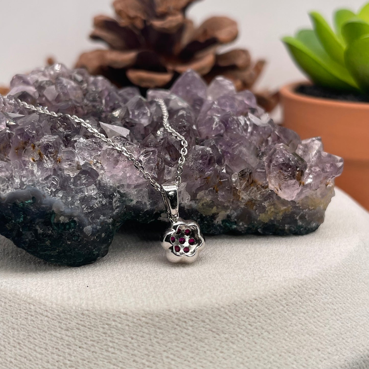 14K White Gold Pink Ruby Pendant with Diamond