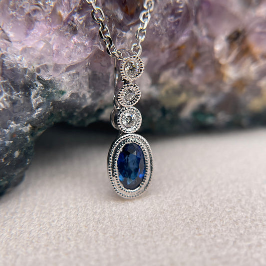 14K White Gold Blue Sapphire Pendant with Diamond