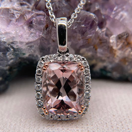 14K White Gold Morganite Pendant with Diamond