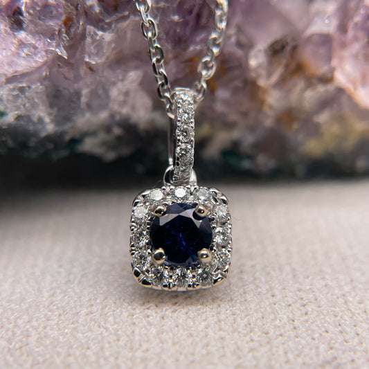 14K White Gold Blue Sapphire Pendant with Diamond
