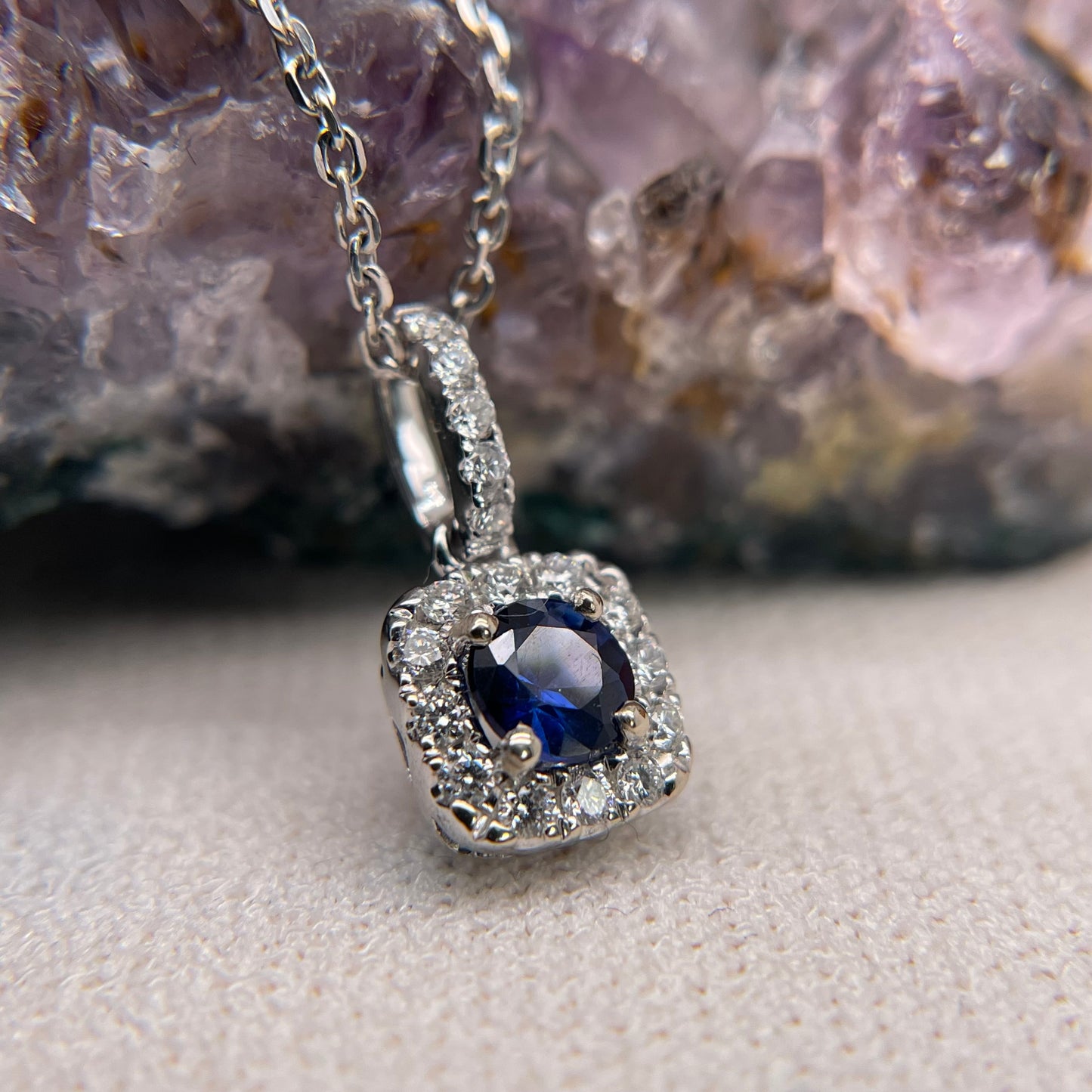 14K White Gold Blue Sapphire Pendant with Diamond