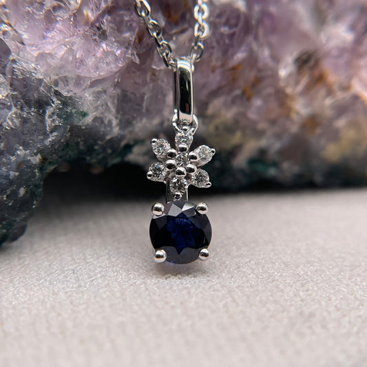 14K White Gold Blue Sapphire Pendant with Diamond