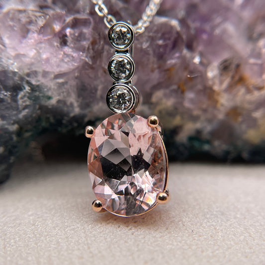 14K White/Rose Gold Morganite Pendant with Diamond