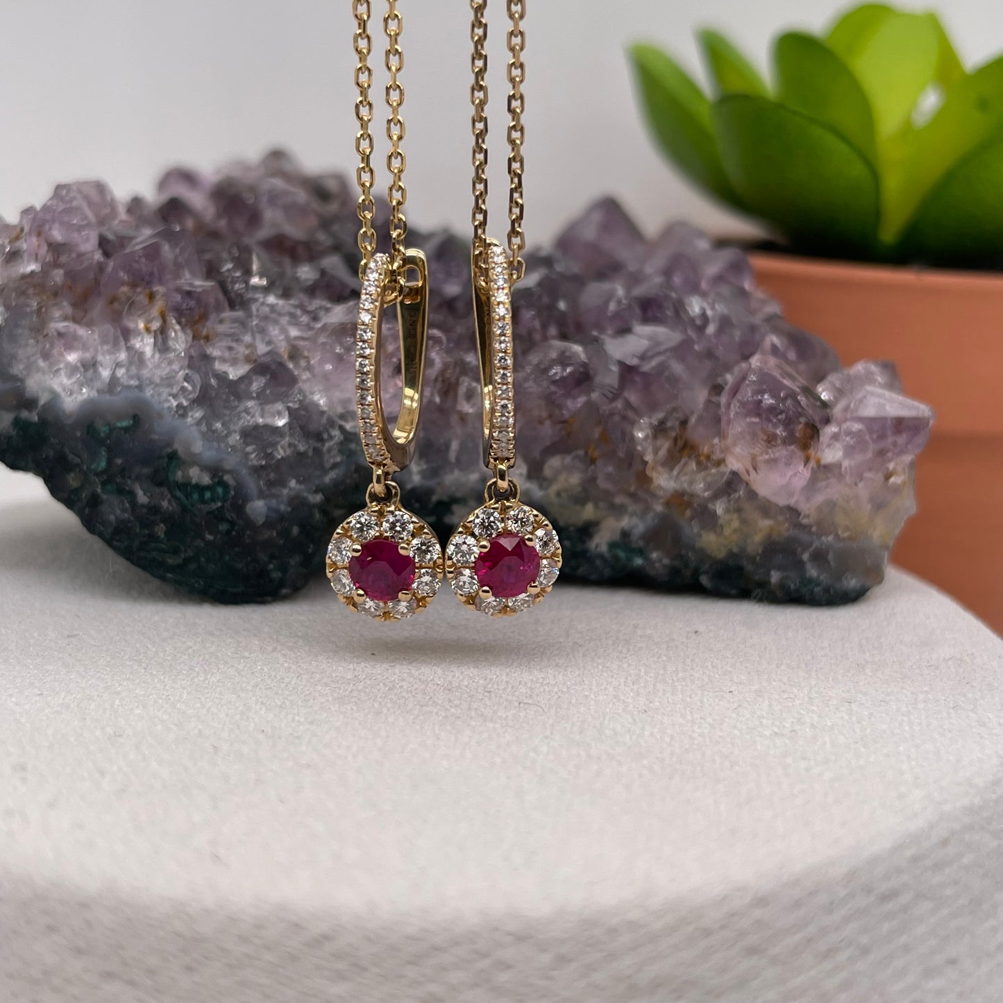 14K White Gold Ruby Earrings with Diamond