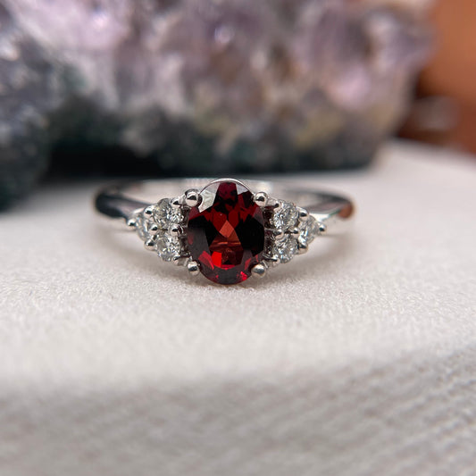 14K White Gold Garnet Ring with Diamond