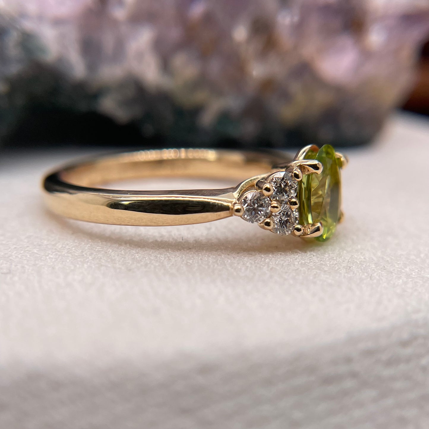 14K Yellow Gold Peridot Ring with Diamond