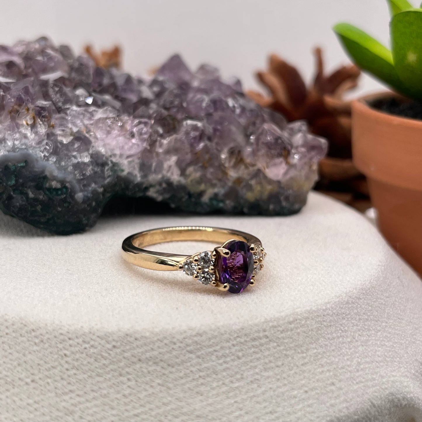 14K Yellow Gold Amethyst Ring with Diamond