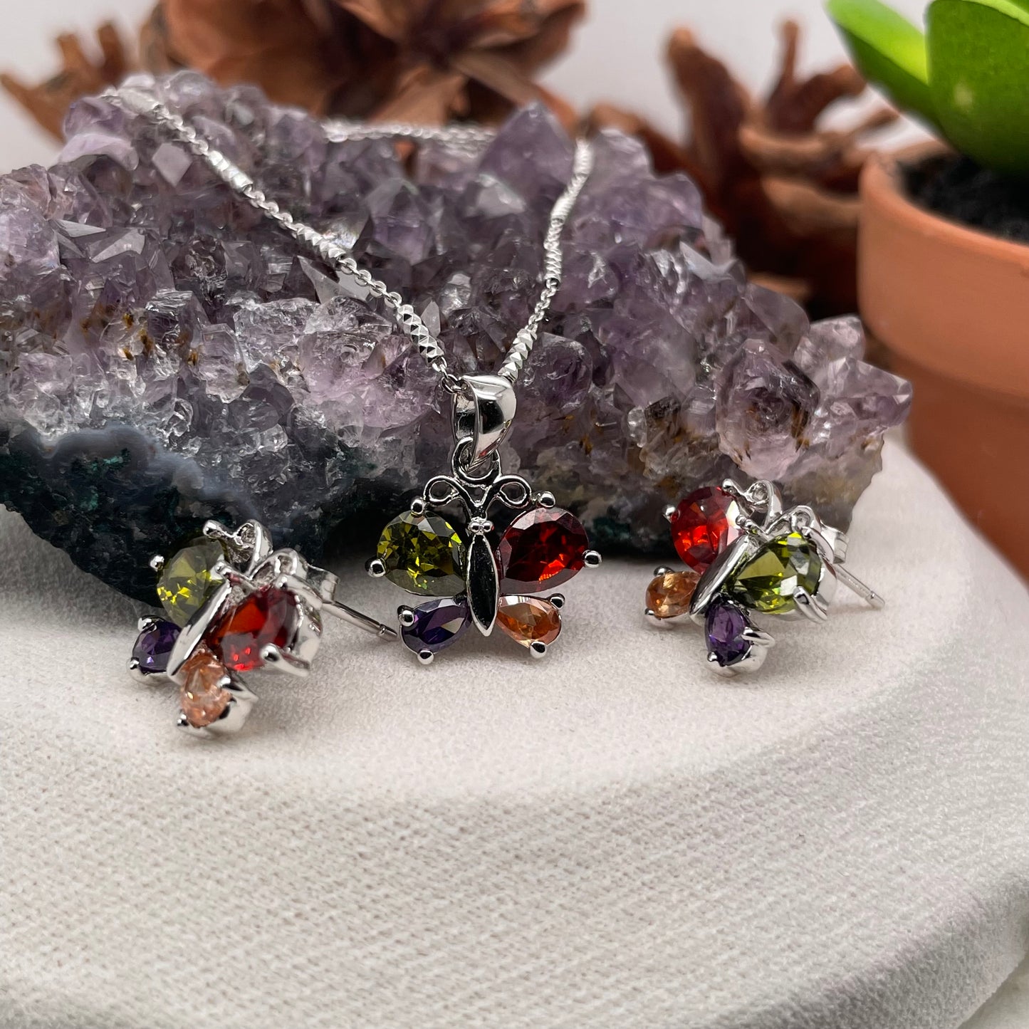 Colorful Butterfly 925 Sterling Silver Necklace and Earring Set