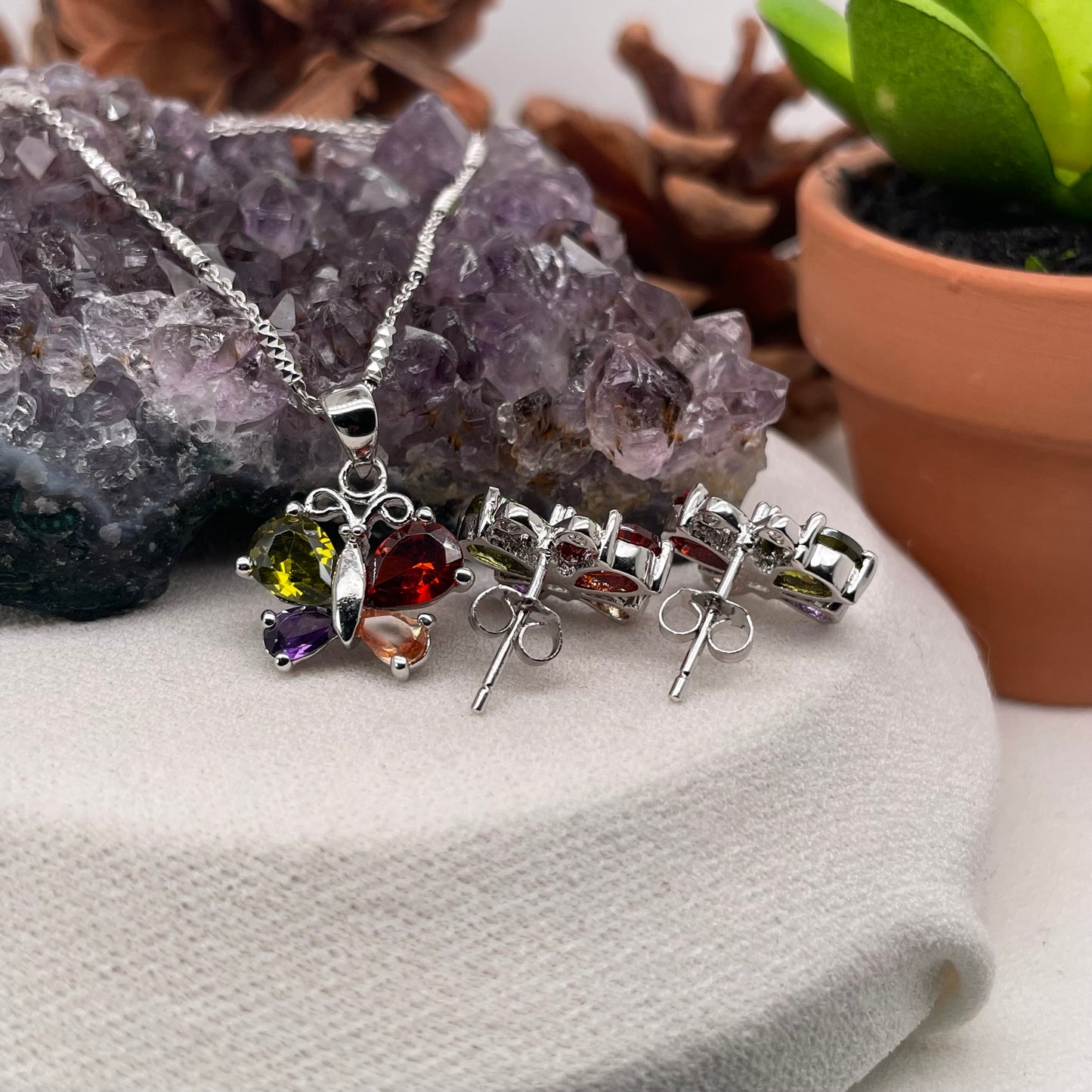 Colorful Butterfly 925 Sterling Silver Necklace and Earring Set