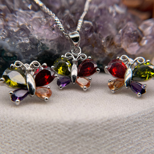 Colorful Butterfly 925 Sterling Silver Necklace and Earring Set