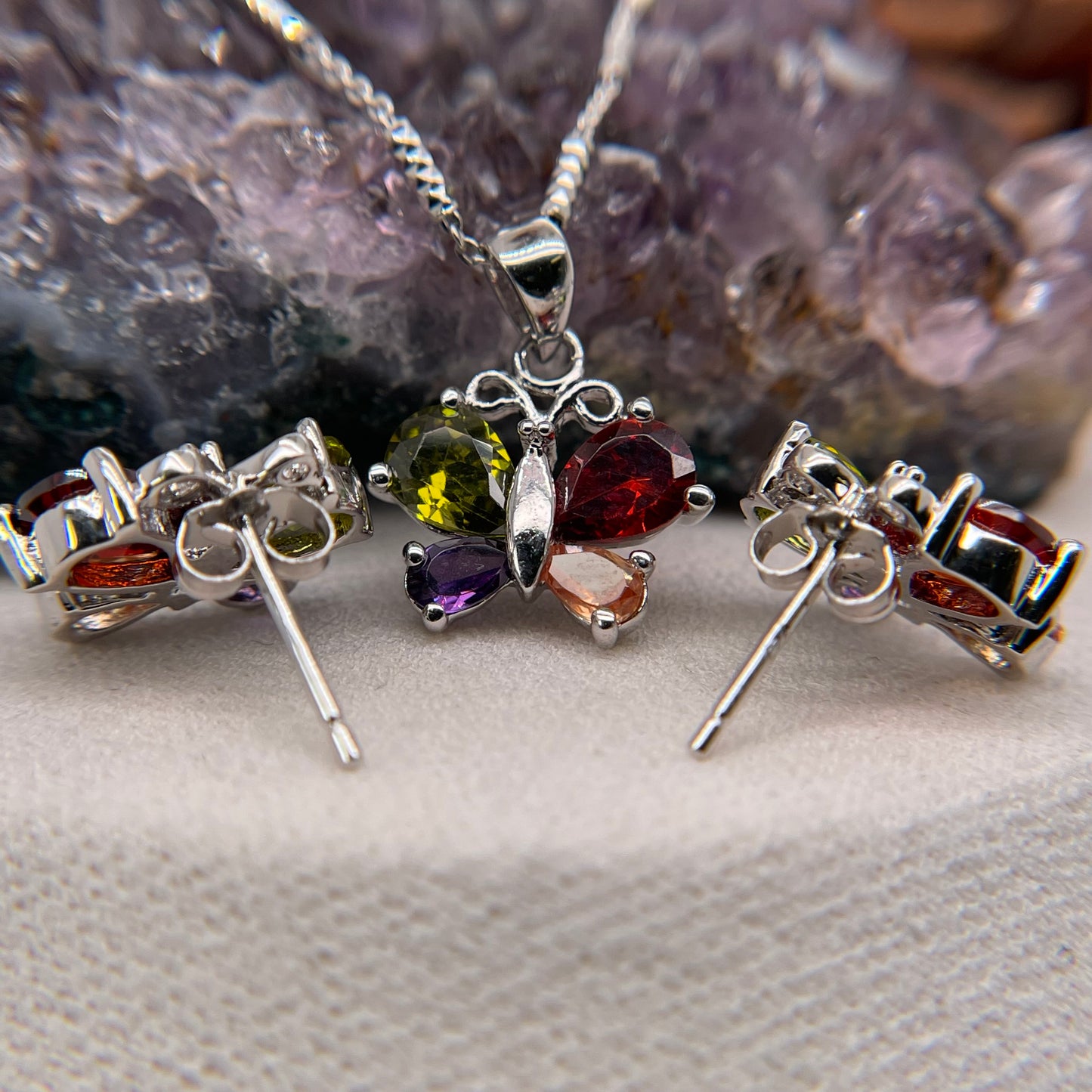 Colorful Butterfly 925 Sterling Silver Necklace and Earring Set