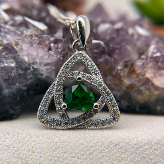 Triangle Green Stone Silver Pendant 925 Sterling Silver Necklace