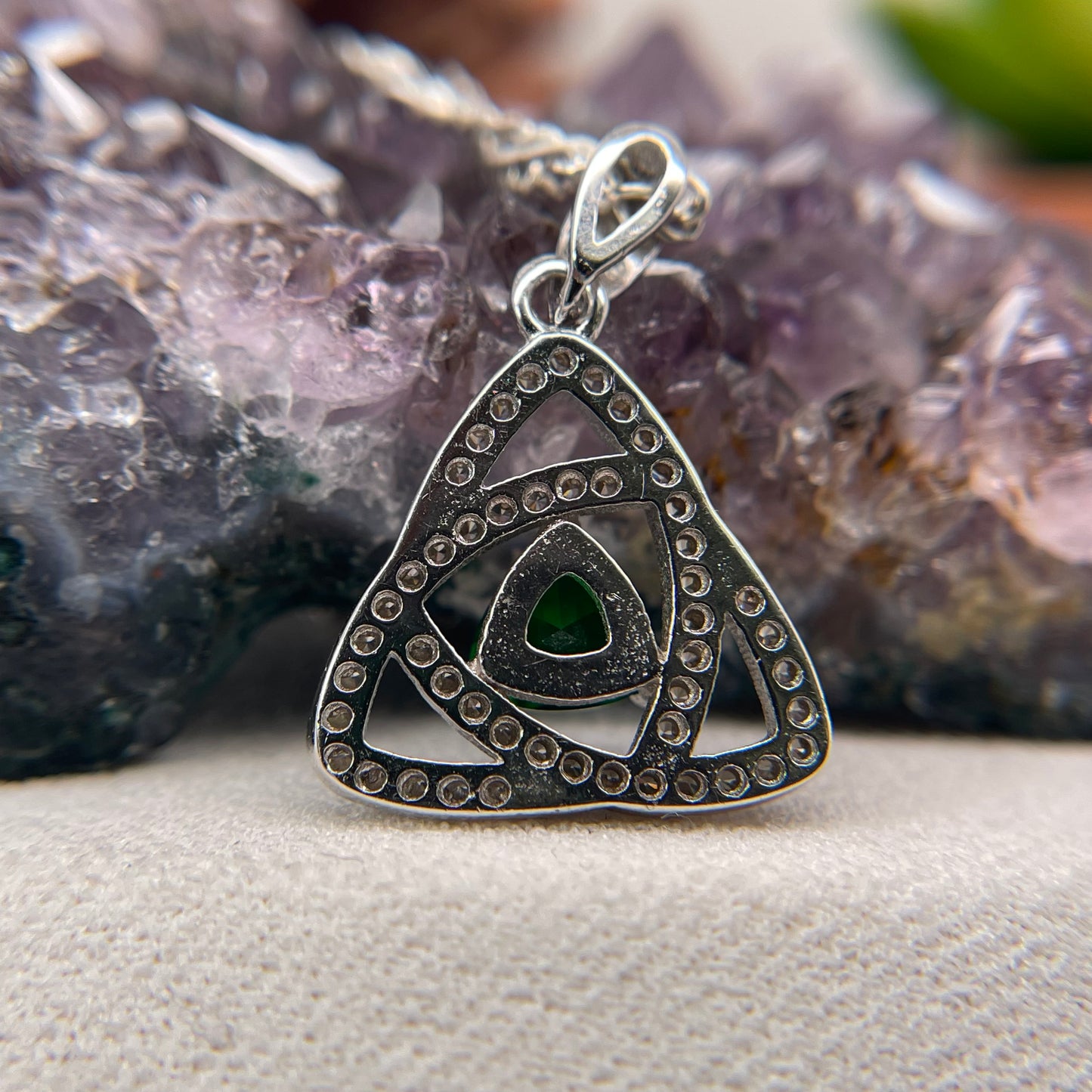 Triangle Green Stone Silver Pendant 925 Sterling Silver Necklace