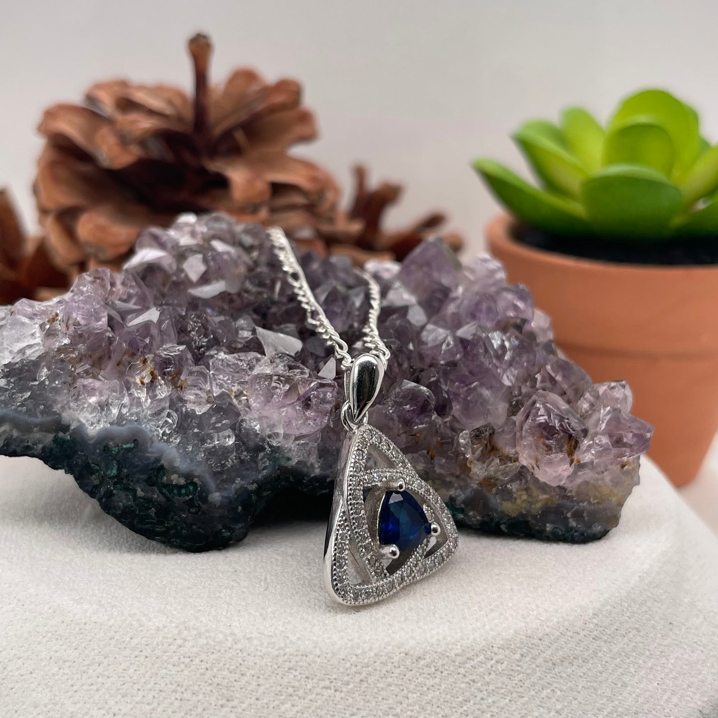 Triangle Blue Stone Silver Pendant 925 Sterling Silver Necklace