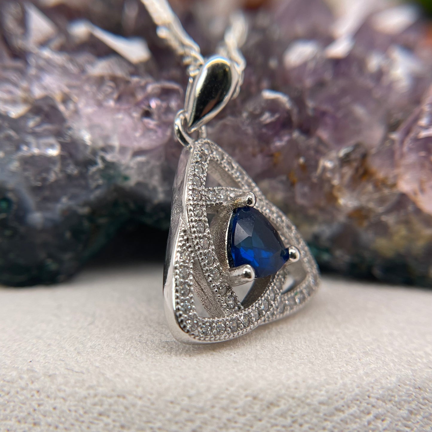 Triangle Blue Stone Silver Pendant 925 Sterling Silver Necklace