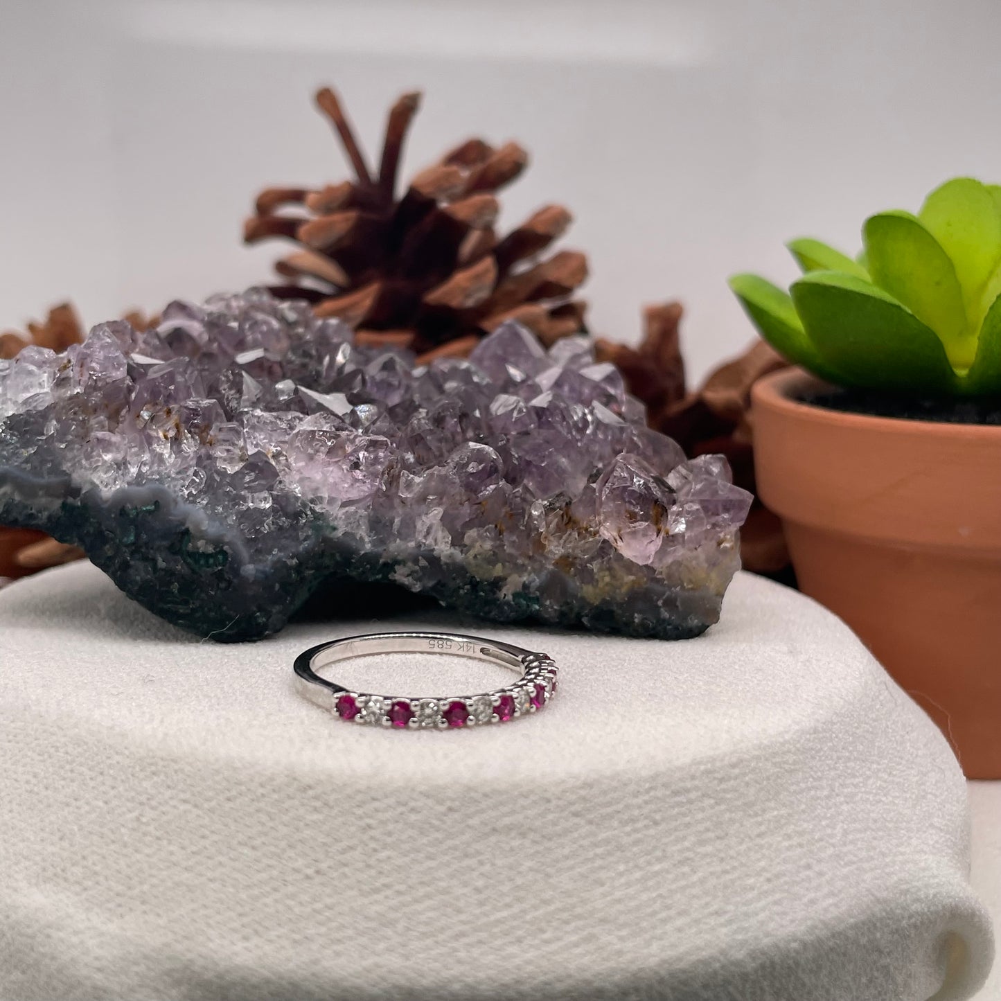 14K White Gold Ruby Ring with Diamond