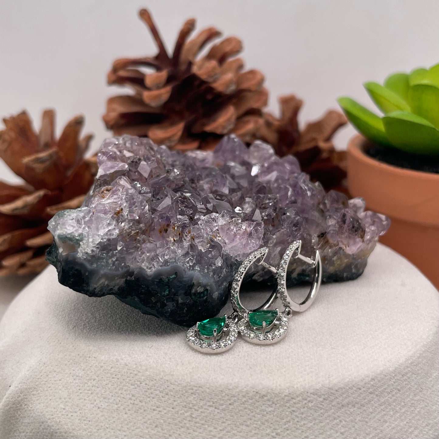 14K White Gold Emerald Earrings with Diamond