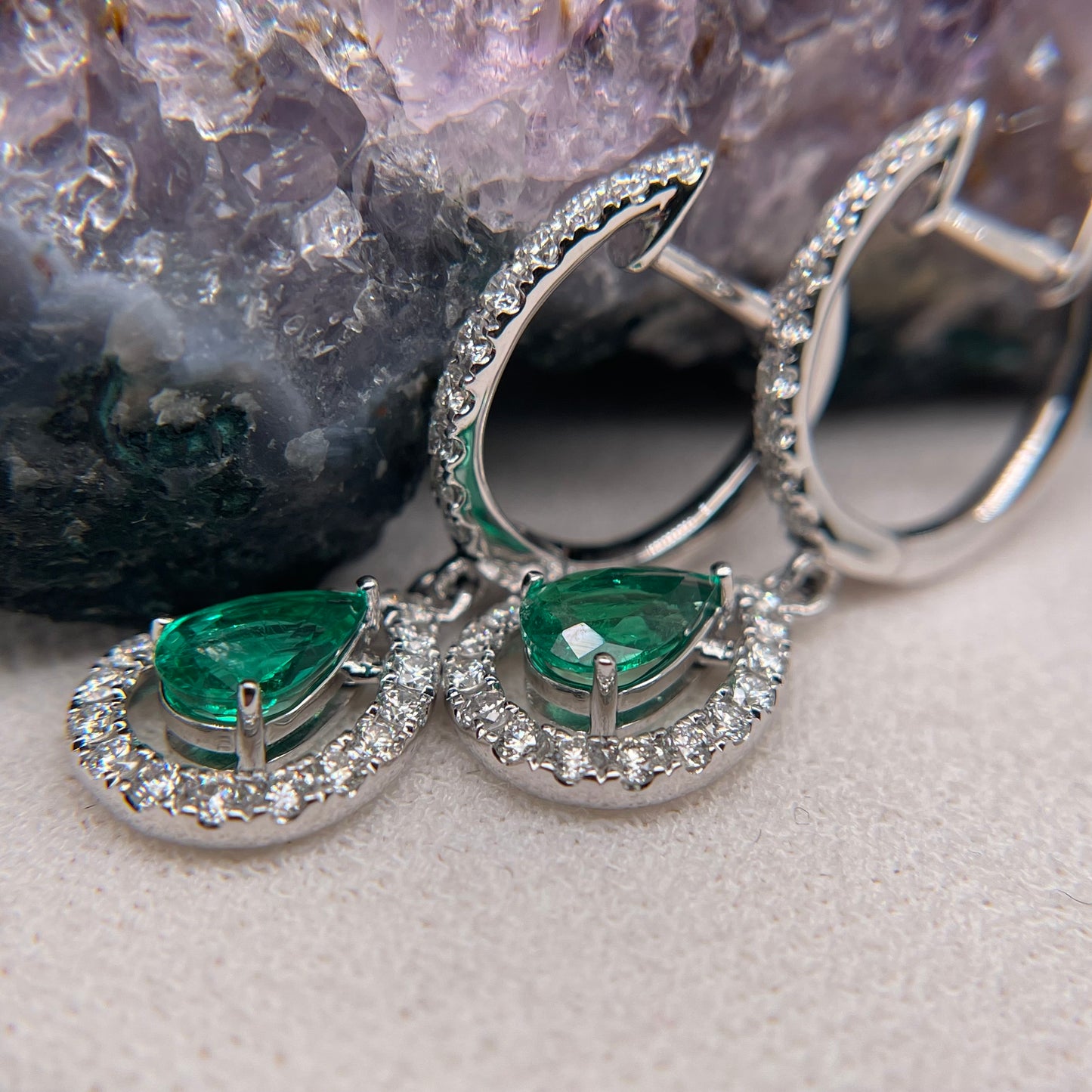 14K White Gold Emerald Earrings with Diamond