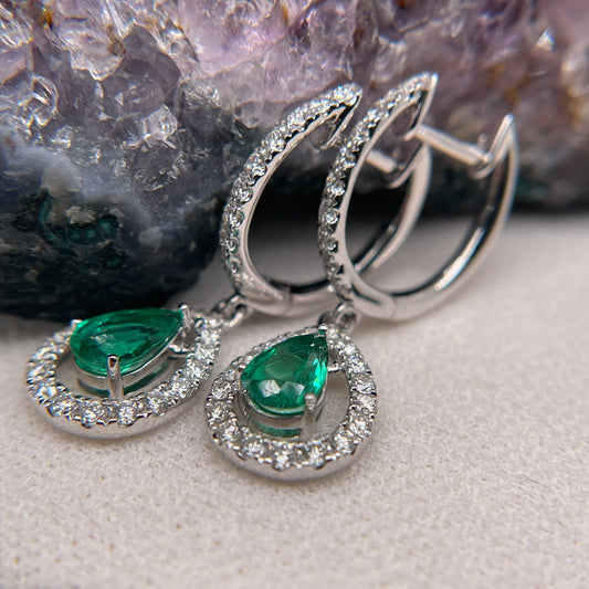 14K White Gold Emerald Earrings with Diamond
