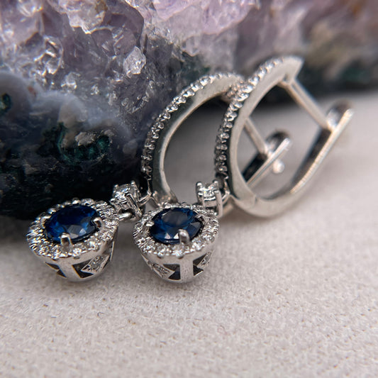 14K White Gold Sapphire Earrings with Diamond