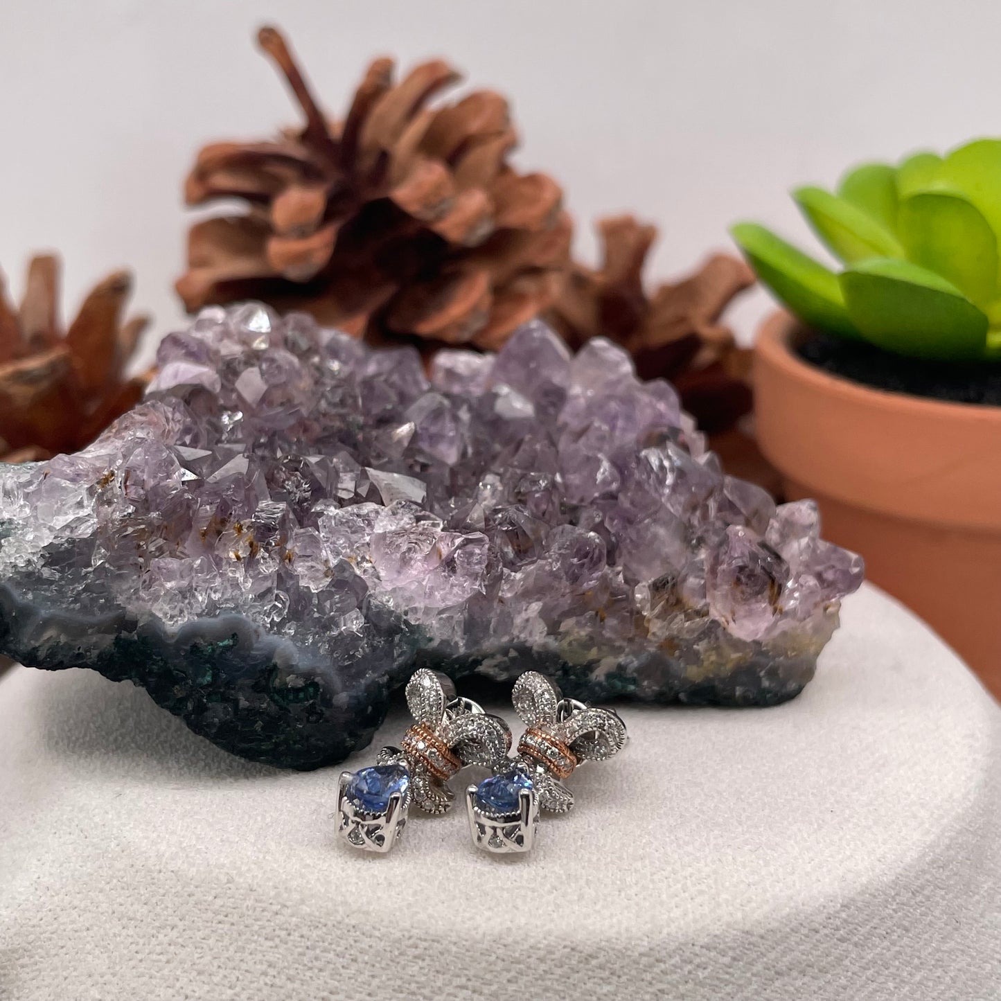 14K White Gold Sapphire Earrings with Diamond