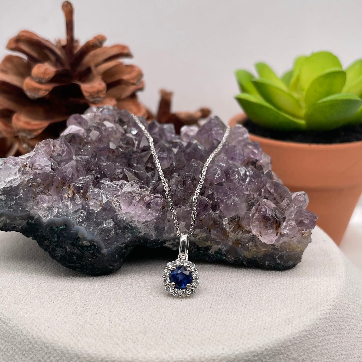 14K White Gold Blue Sapphire Pendant with Diamond