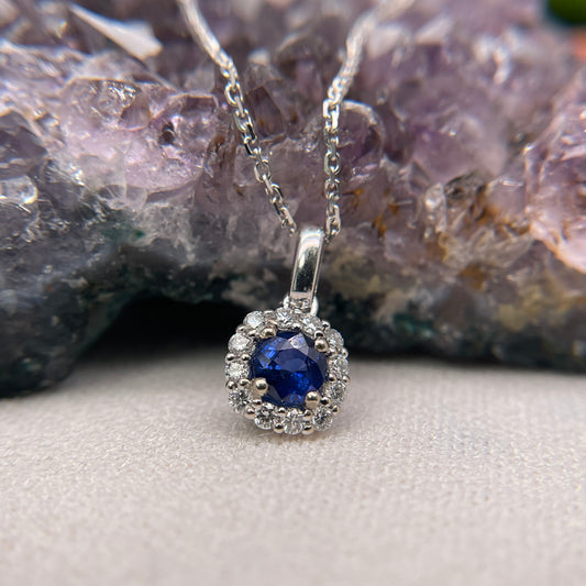 14K White Gold Blue Sapphire Pendant with Diamond