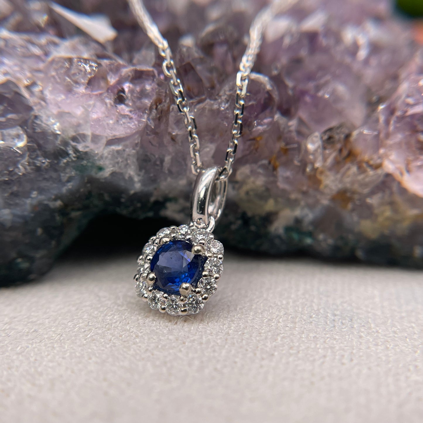 14K White Gold Blue Sapphire Pendant with Diamond