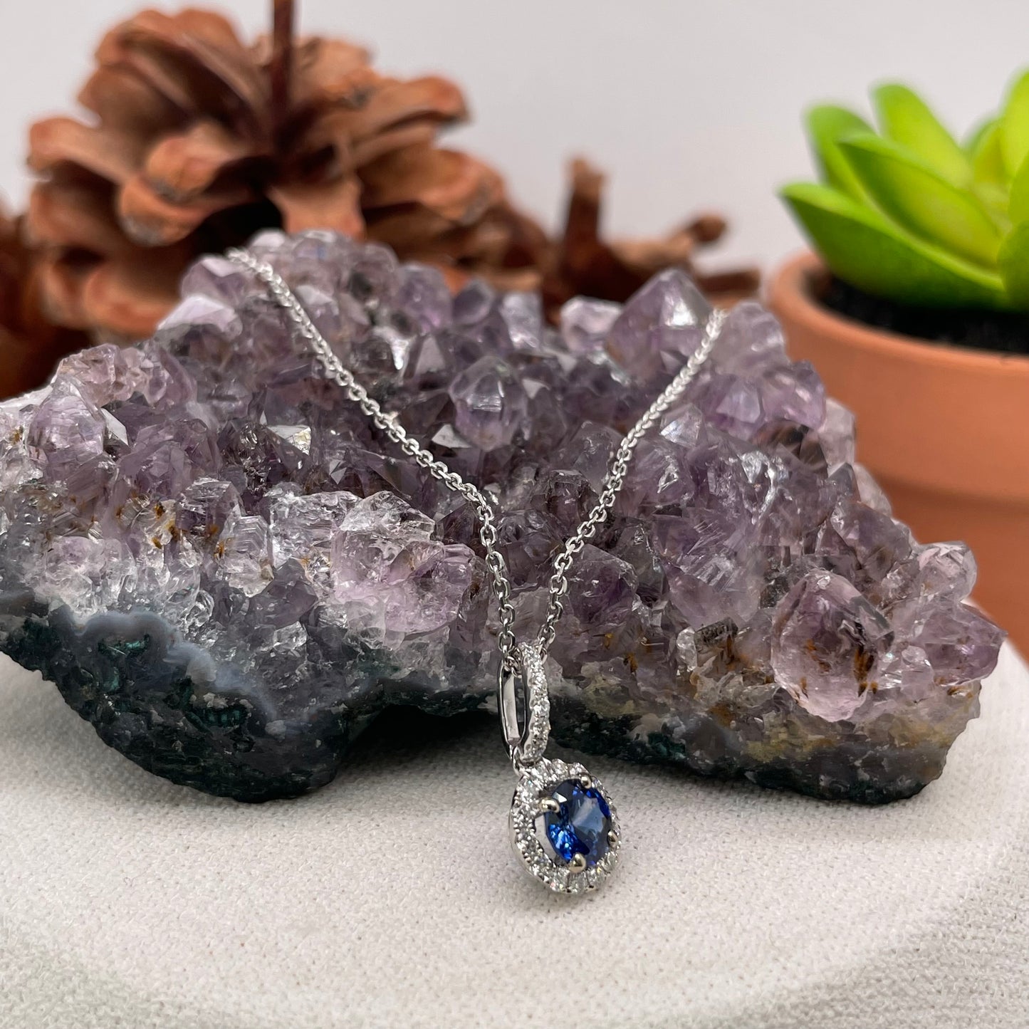 14K White Gold Blue Sapphire Pendant with Diamond