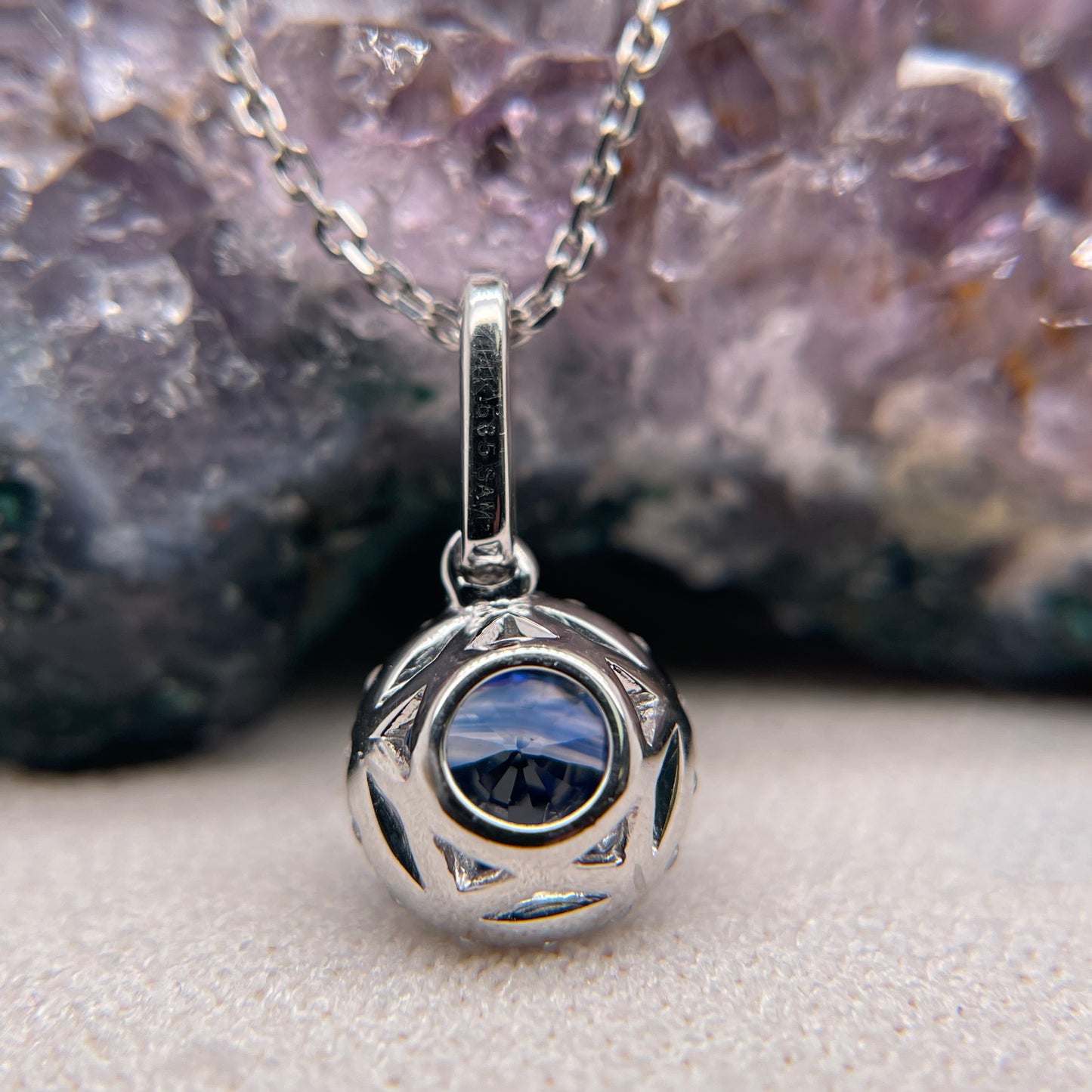 14K White Gold Blue Sapphire Pendant with Diamond