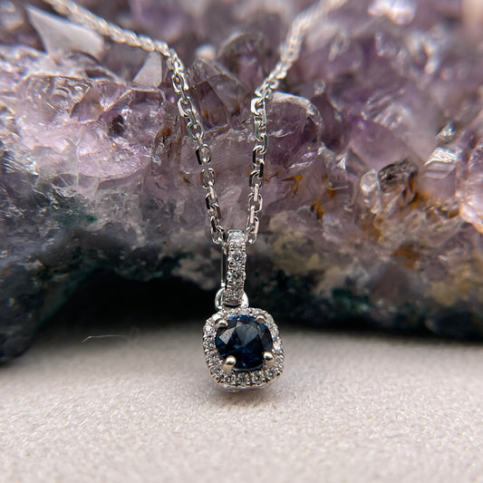 14K White Gold Blue Sapphire Pendant with Diamond