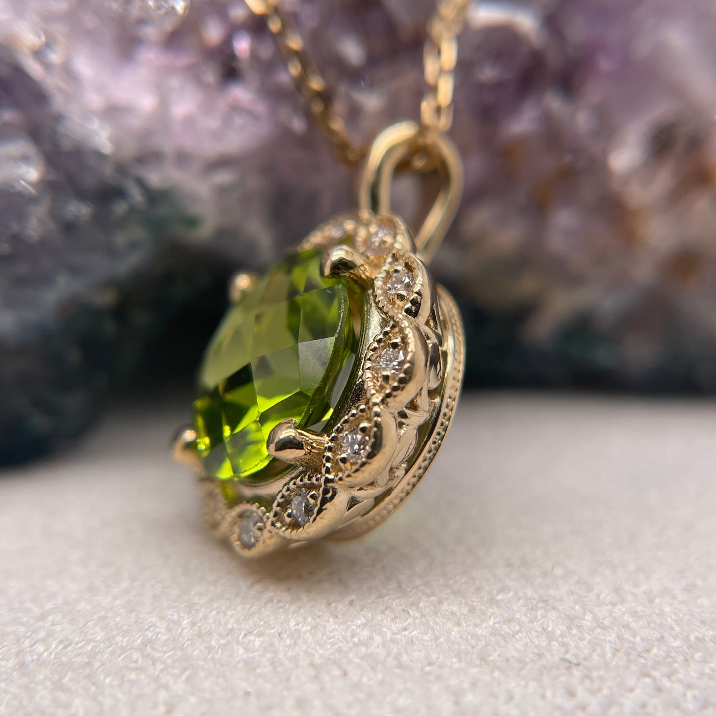 14K White Gold Peridot Pendant with Diamond