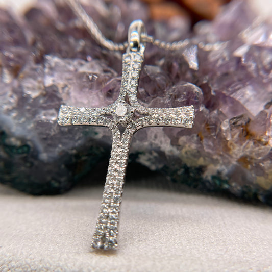 14K White Gold Cross Pendant with Diamond