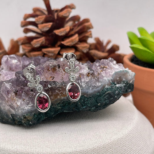 14K White Gold Pink Sapphire Earrings with Diamond