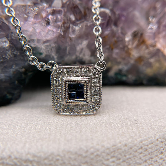 14K White Gold Sapphire Pendant with Diamond