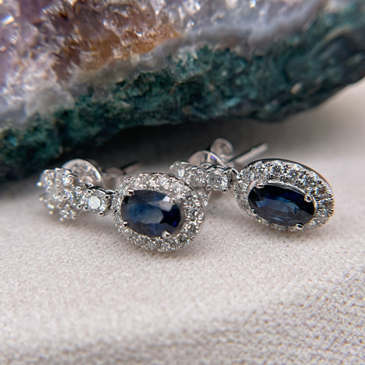 14K White Gold Blue Sapphire Earrings with Diamond