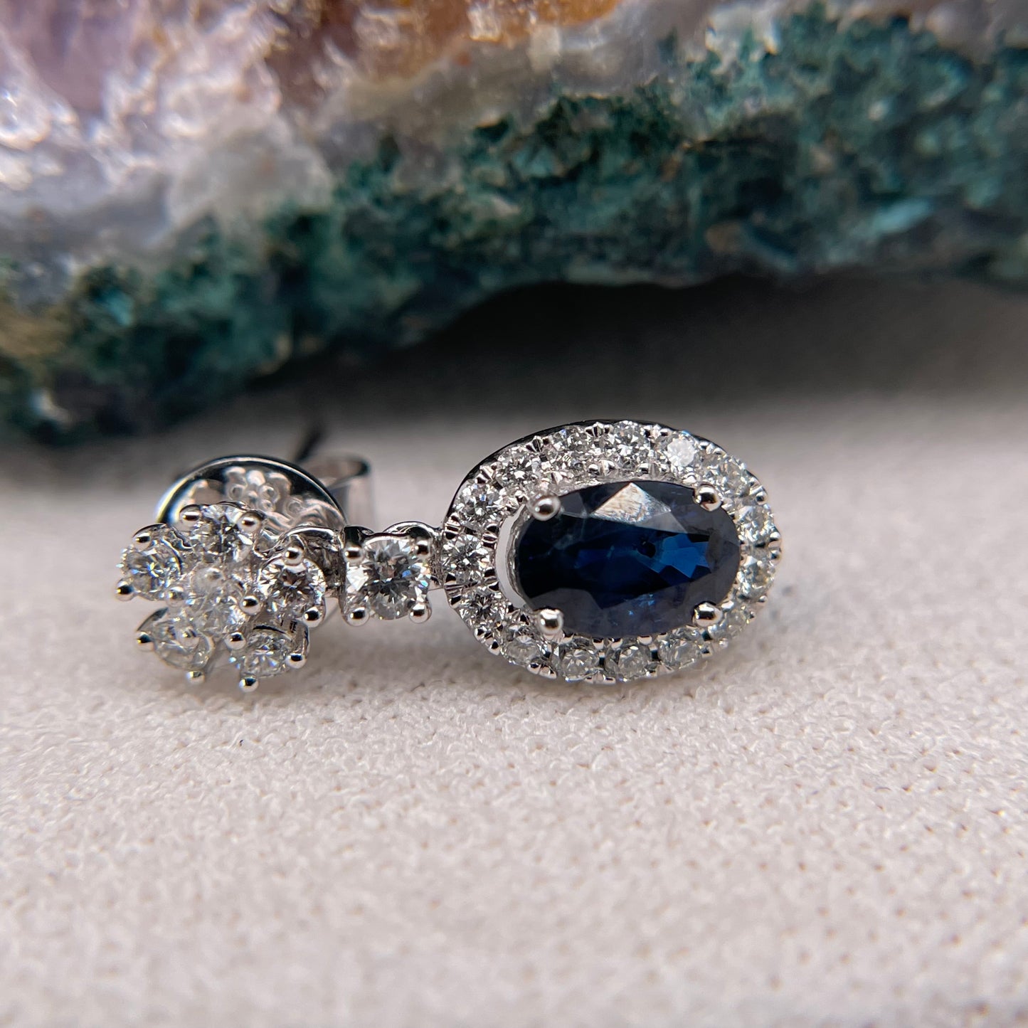14K White Gold Blue Sapphire Earrings with Diamond