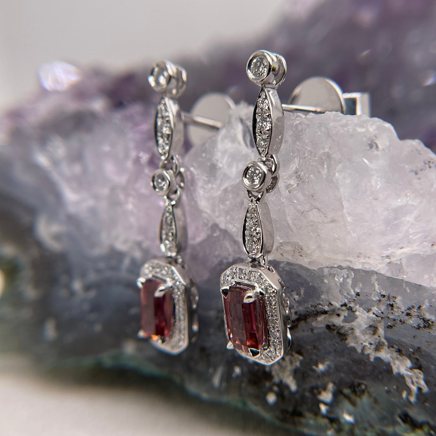 14K White Gold Pink Sapphire Earrings with Diamond