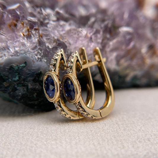 14K Gold Blue Sapphire Earrings with Diamond