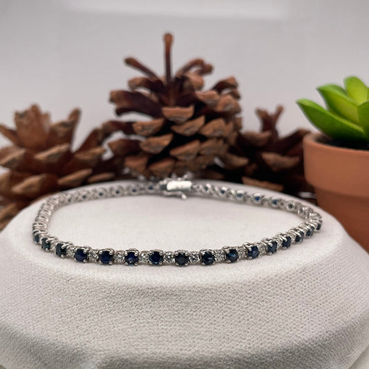 14K White Gold Tennis 2.65CT Blue Sapphire Bracelet with 1.95CT Diamond